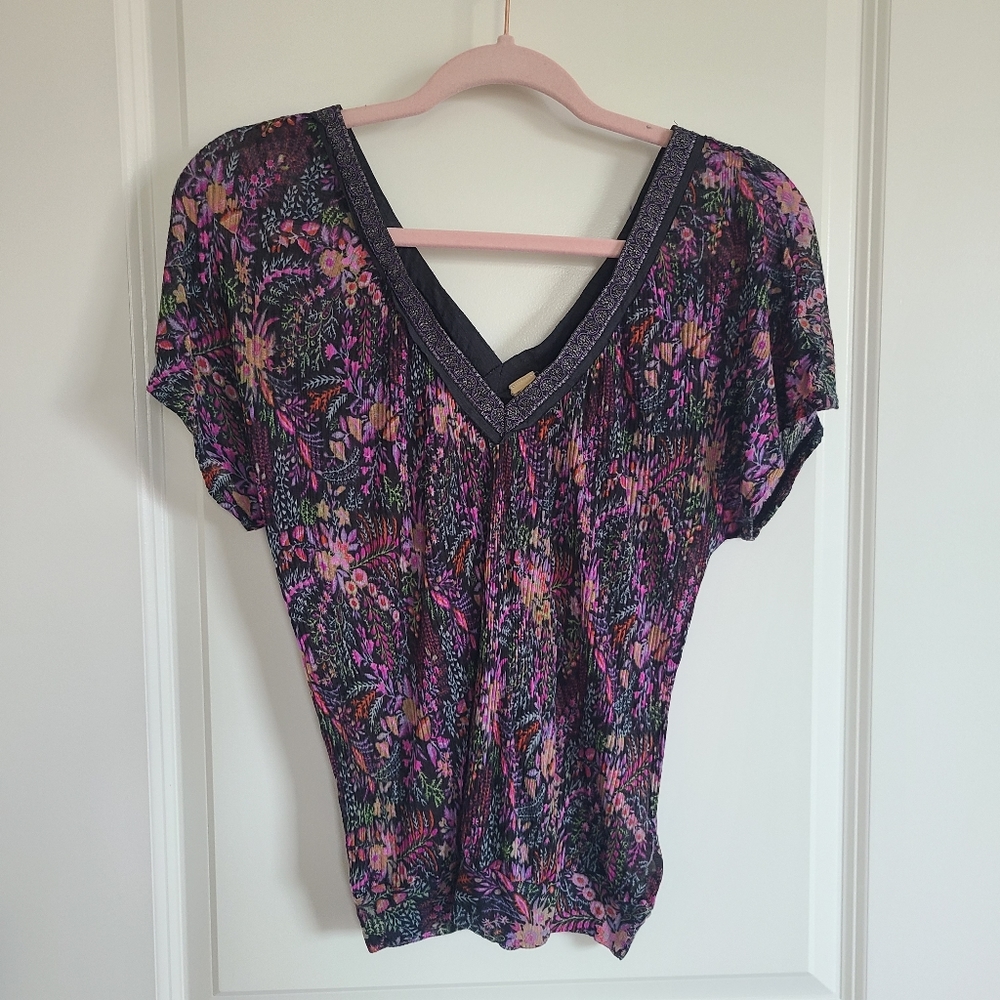 Free People Black Purple Floral Cap Sleeve Blouse Semi Sheer Size XS